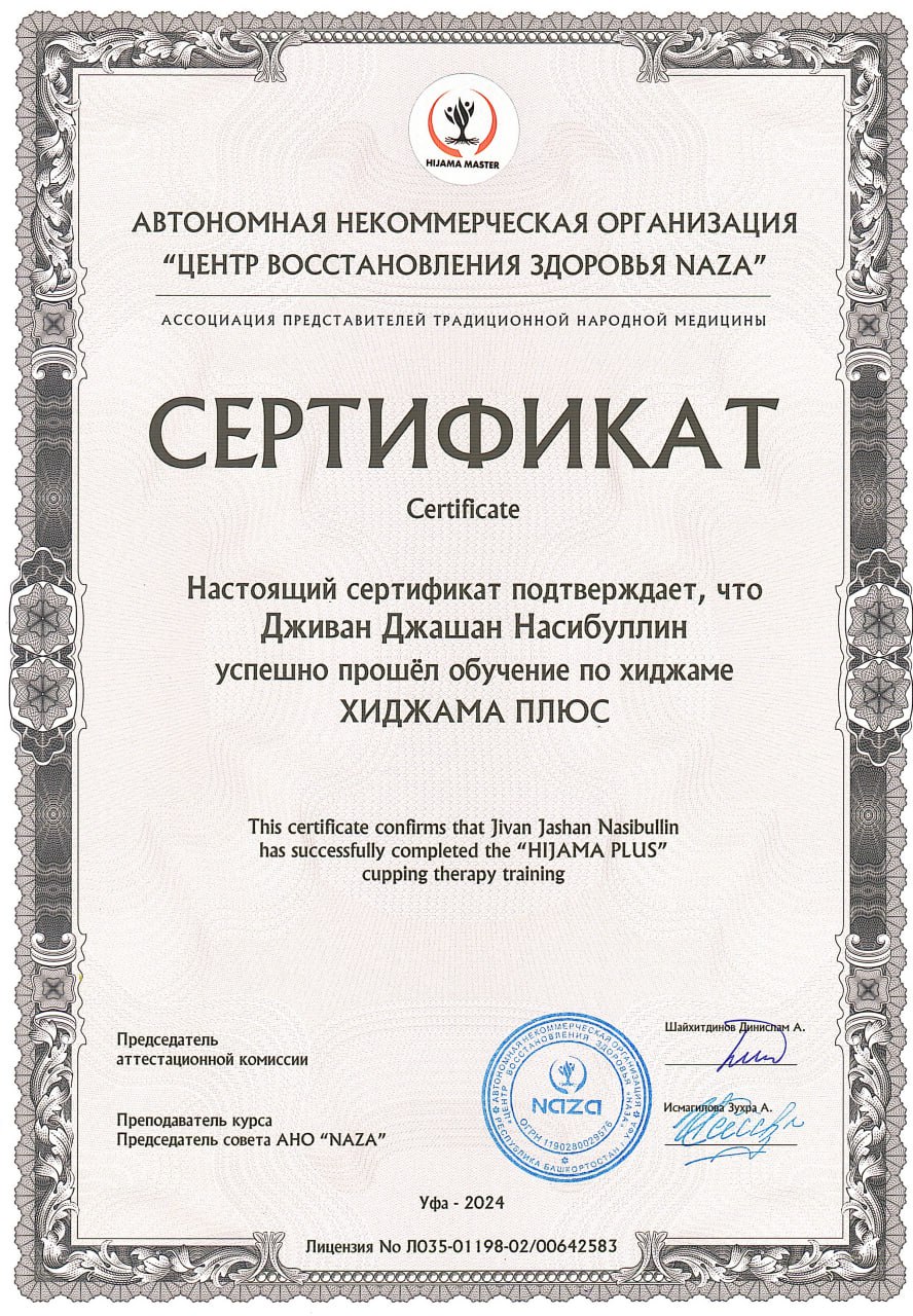 Сертификат о прохождениии курса по хиджаме 'Хиджама PLUS'